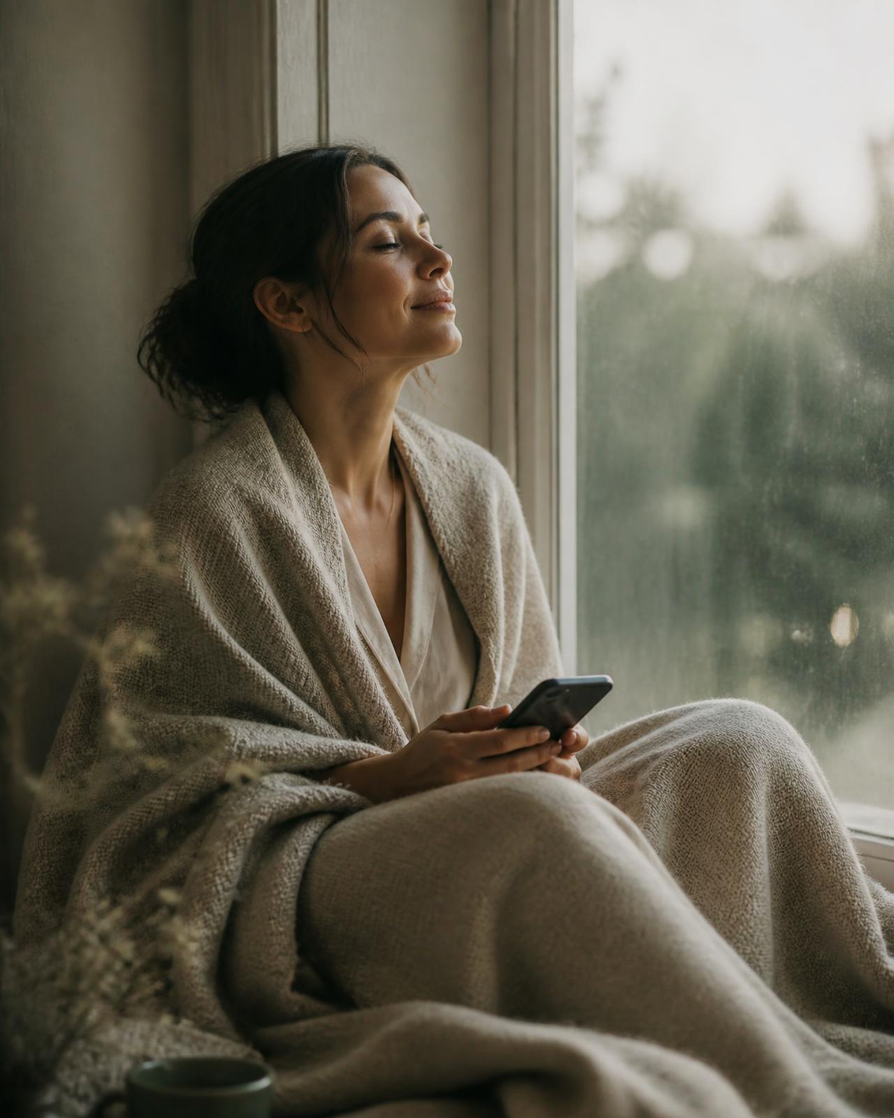 Mujer serena respirando junto a la ventana al amanecer, usando la app de reseteo somático