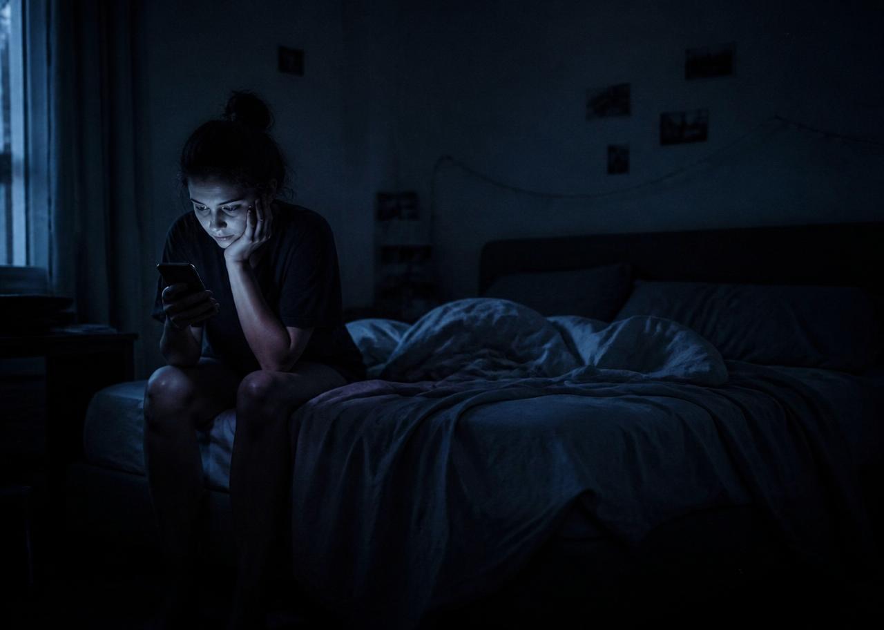 Persona sentada sola en la cama a las 3 de la mañana mirando su celular